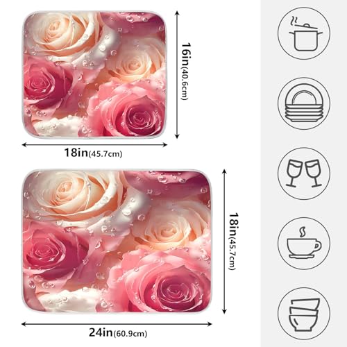 3d Pink White Roses Dish Drying Mat for Kitchen Counter Absorbent Microfiber Large Drying Pad Dish mats for Kitchen Countertops 18 x 24 Inch