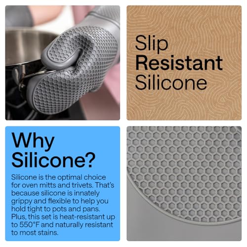 BPA Free Silicone Oven Mitts and Pot Holders Set (4 Count)