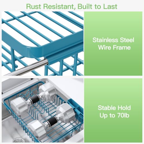 Blue Dish Drying Rack Over the Sink with Utensil Holder
