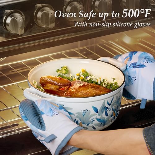 5QT Enameled Floral Cast Iron Dutch Oven Pot with Lid