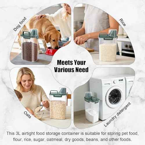 3-5Lbs/3Qt Dog Cat Food Storage Container With Foldable Bowl, Plastic Pet Food Dispenser for Small Animal Kibble/Pet Food/Bird Seed/Oatmeal/Rice/Flour/Brown Sugart/Cereals (Dark Green)