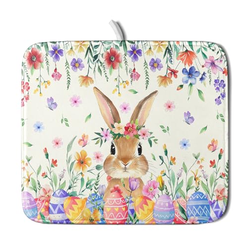 Easter Rabbit Dish Drying Mat Spring Flower Dish Drainer Rack Mats 16x18 inch Absorbent Microfiber Fast Dry Pad Kitchen Counter Accessories