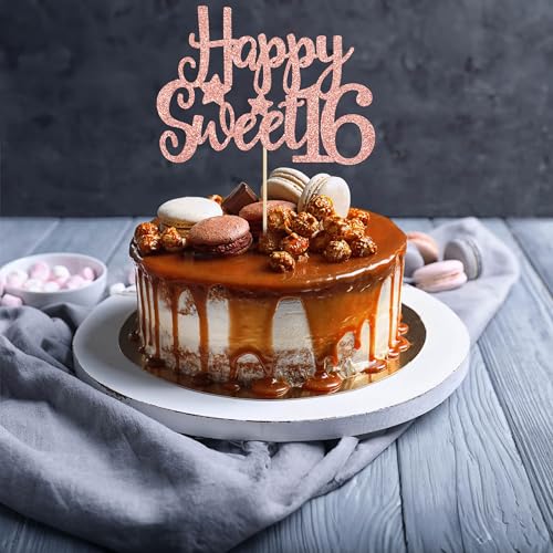 1Pc Happy Sweet 16 Cake Topper Rose Gold Glitter Sweet 16 Birthday Decorations Happy 16th Birthday Decorations for Girls Boys