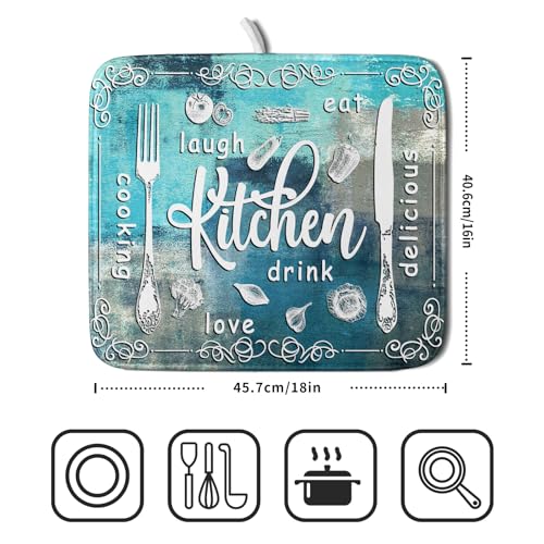 Blue Grey Dish Drying Mat 16x18 Inch Cooking Delicious Absorbent Drying Pad Heat Resistant Dish Drainer Mats for Kitchen Countertop