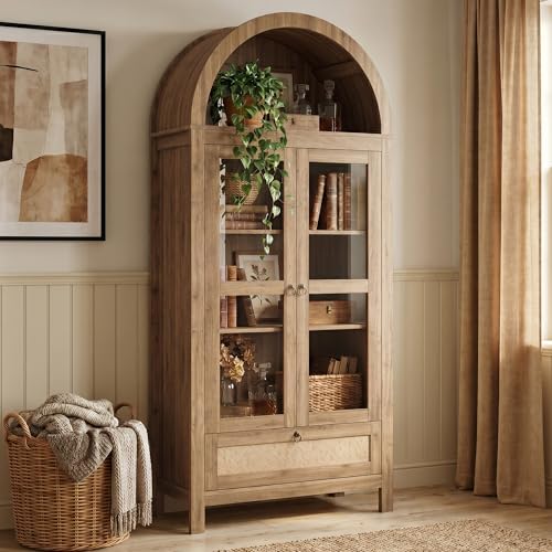 71'' Arched Pantry Cabinet with Glass Door for Kitchen Dining Room