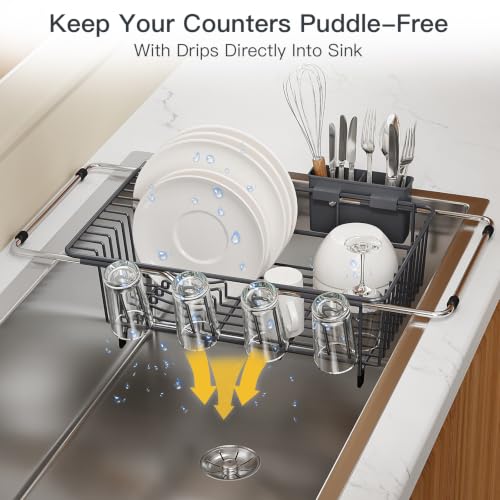 Grey Expandable Dish Drying Rack Over Sink with Anti