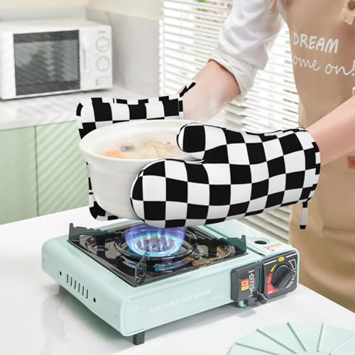 Black White Check Plaid Oven Mitts and Pot Holders Sets Silicone Black and White Checkered Plaid Kitchen Mitts Potholders Heat Resistant 4Pcs Oven Gloves Hot Pads for Cooking Grilling (4 Count)