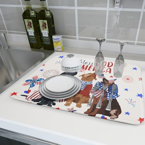 4th of July Patriotic Dogs Dish Drying Mat American Independence Day Dish Dry Pad 18"x24" Absorbent Dishes Drainer Mat for Kitchen Counter