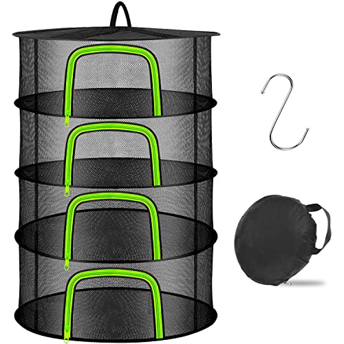 4 Layer Herb Drying Rack Hanging Mesh Plant Dry Net Basket for Herbs Plants Flower Vegetables Spices Fish Food with Green Zippers