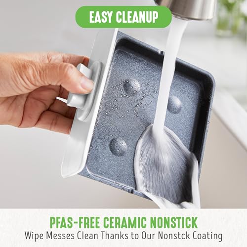 3-in-1 Breakfast Maker Station, Healthy Ceramic Nonstick Dual Griddles for Eggs Meat Sausage Bacon Pancakes and Breakfast Sandwiches, 2 Slice Toast Drawer, Easy-to-use Timer, White