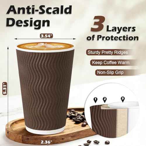 500 Pack 16oz Insulated Disposable Paper Coffee Cups Brown (500 Count)
