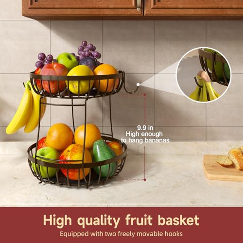 2 Tier Fruit Bowl for Kitchen Counter with Banana Hangers