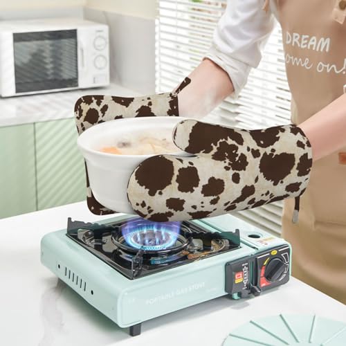 Brown Cowhide Oven Mitts and Pot Holders Sets Silicone Brown Cow Print Kitchen Mitts Cowhide Skin Pattern Potholders Heat Resistant 4Pcs Oven Gloves Hot Pads for Kitchen Baking Cooking (4 Count)