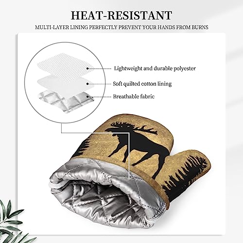 Rustic Elk Moose Deer Forest Pine Tree Moon Design Oven Mitts and Pot Holders Sets Silicone Moose Kitchen Mitts Potholders Heat Resistant 4Pcs Moose Oven Gloves Hot Pads for Kitchen (4 Count)