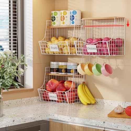 3 Pack Hanging Fruit Basket for Kitchen with Wood Lid (3 Count)