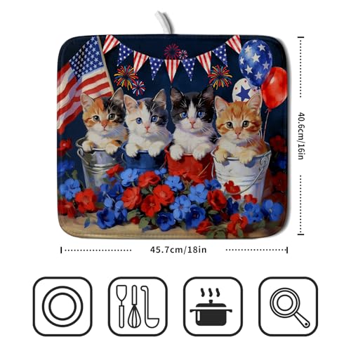 4th of July Dish Drying Mat Patriotic Cats Dish Drying Rack Mat for Kitchen Counter Small