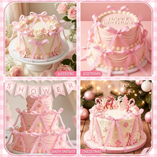 30 Pack Bow Cake Toppers Pink Gingham Ribbon Bows for Cake (30 Count)