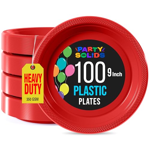 Sturdy Red Plastic Plates 9" Party Plates 100 Pcs (100 Count)