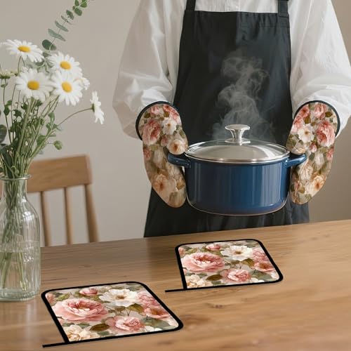 Pink Roses Oven Mitts and Pot Holders Set (4 Count)