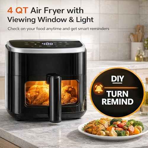 8-in-1 Air Fryer 4 Qt, Digital Preset Airfryer with Visible Window, Nonstick and Dishwasher-Safe Basket for Chips, Bake, Wings, 60-Min Timer, 1500W, Gray