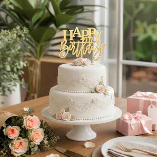 Mirror Gold Happy Birthday Cake Topper