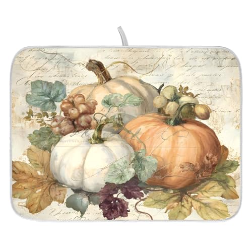 Autumn Pumpkin Fall Leaves Thanksgiving Dish Drying Mat for Kitchen Counter Absorbent Microfiber Large Drying Pad Dish Mats for Kitchen Countertops 18 x 24 Inch