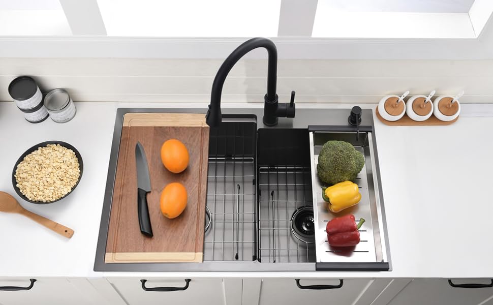 33 Inch Black Drop In Double Bowl Kitchen Sink