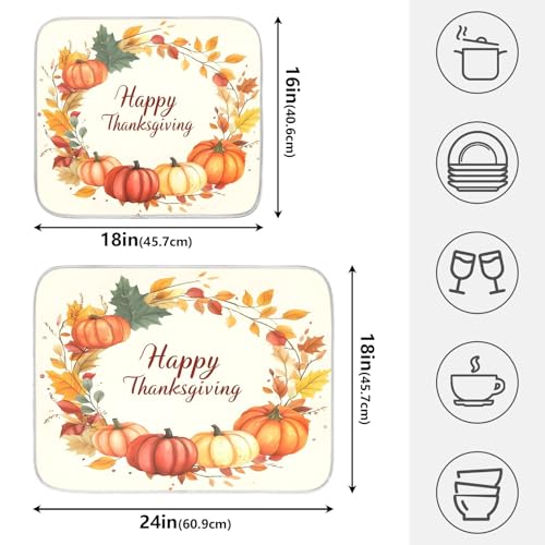 Pumpkin Happy Thanksgiving Dish Drying Mat for Kitchen Counter Absorbent Microfiber Large Drying Pad Dish mats for Kitchen Countertops 18 x 24 Inch