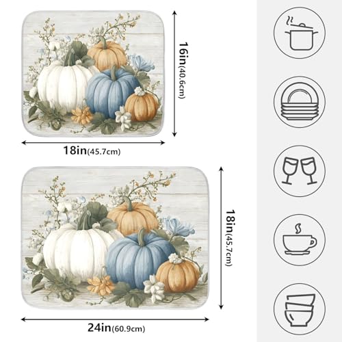 Fall Blue Orange Grey Pumpkin Thanksgiving Dish Drying Mat for Kitchen Counter Absorbent Microfiber Small Drying Pad Dish Mats for Kitchen Countertops 16 x 18 Inch