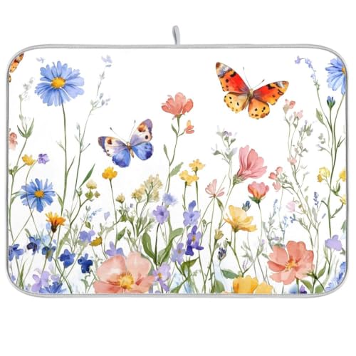 Wildflowers Butterfly Dish Drying Mat for Kitchen Counter Absorbent Microfiber Drying Pad