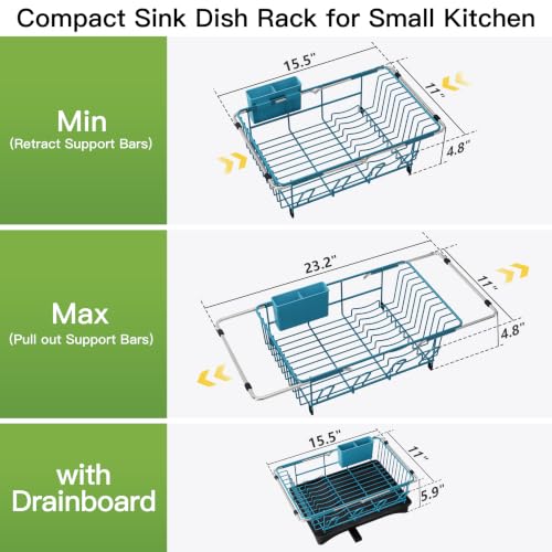 Blue Dish Drying Rack in Sink with Drainboard and Utensil Holder