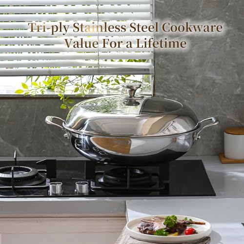 14 Inch Stainless Steel Nonstick Wok Pan with Lid 6Qt Pot