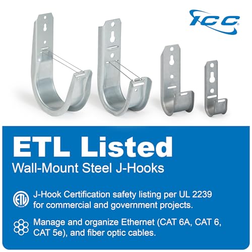3/4-Inch Wall Mount J-Hook – 25-Pack, Cable Support 3/4" J Hooks Without Retainer Clips, Galvanized Steel with Zinc Finish – for Structured Cabling and Cable Management (25 Count)