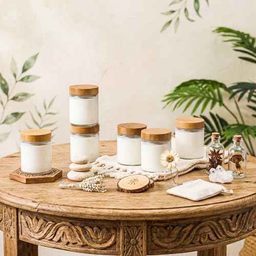 24 Pcs 8oz Glass Jars with Lids Empty Small Glass Containers and Inner Liners Reusable Cosmetic Jars Round Airtight Bottles with Plastic Wood Grain Lids for Travel (24 Count)