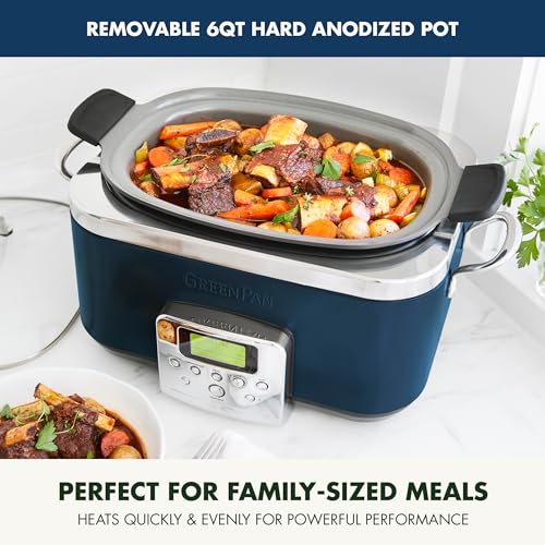 Elite 8-in-1 Programmable 6QT Electric Slow Cooker,Dishwasher Safe Lid & Removable Crock, PFAS-Free Healthy Ceramic Nonstick Multi-Cooker,Sear, Sauté,Brown,Steam Basket,Roast, Oxford Blue