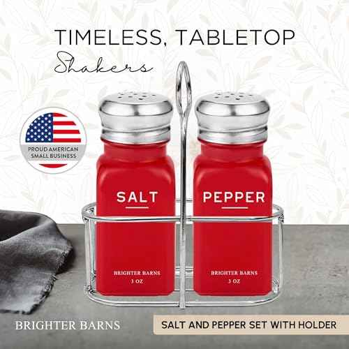 Red Salt and Pepper Shakers Set with Holder by Brighter Barns