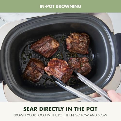 Elite 14-in-1 Nonstick 6QT Electric Slow Cooker, PFAS-Free Ceramic Multi-Cooker, In-Pot Browning, Dishwasher Safe Lid & Removable Crock, Stainless Steel Steamer, Silicone Handles, Sage Green