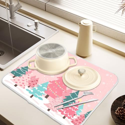 Christmas Tree Pink Dish Drying Mat for Kitchen Counter Absorbent Microfiber Large Drying Pad Winter White Snowflake Xmas Dish Mats for Kitchen Countertops 18 x 24 Inch
