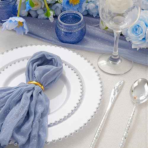 100pcs White Plastic Plates with Silver Beads for Bridal Showers (100 Count)
