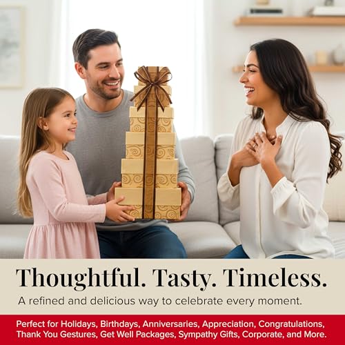 Glittering Gold Gift Tower with Cookies Snacks & Treats (64 Ounce)