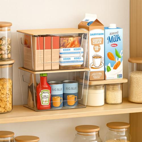 6 Pack Clear Stackable Storage Bins with Bamboo Lids (6 Count)