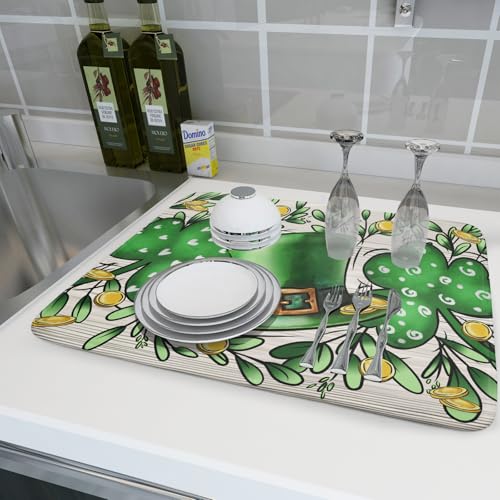 St Patrick's Day Shamrock Dish Drying Mat 18x24 inch Eucalyptus Leaves Dishes Pad Dish Drainer Mats Absorbent Fast Dry Kitchen Accessories