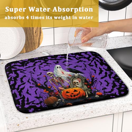 Halloween Pumpkin Dish Drying Mat 16x18 inch Spooky Ghost Bat Dish Rack Mats Microfiber Draining Pad Fast Dry Holiday Kitchen Accessories