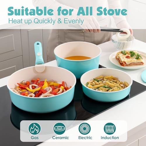 24 Piece Ceramic Detachable Handle Pots and Pans Set Turquoise