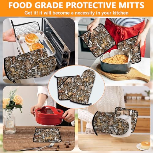 Bear Deer Oven Mitts and Wild Animals Pot Holders Sets 4Pcs