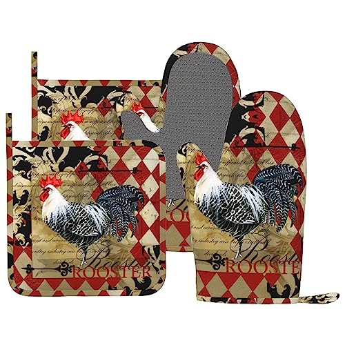 Rooster Print Oven Mitts and Pot Holders Sets Silicone Rooster Kitchen Mitts Potholders Heat Resistant 4Pcs Oven Gloves Hot Pads for Kitchen Baking Cooking BBQ Grilling (4 Count)