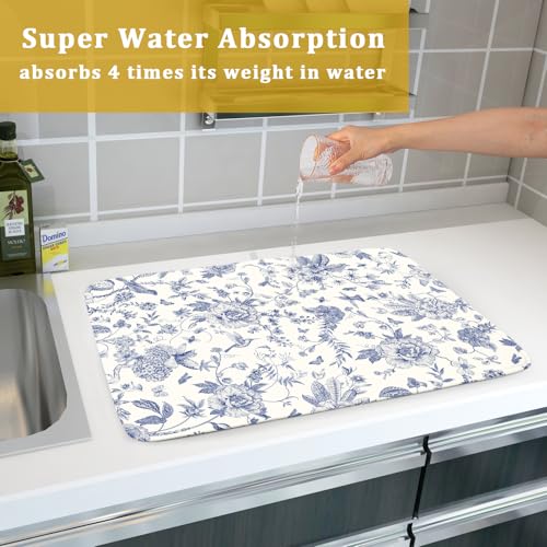 Chinoiserie Flower Dish Drying Mat Blue Leaves Dishes Drying Pad Reusable Washable Kitchen Countertop Protector Dish Drainer Mat 18x24 Inch