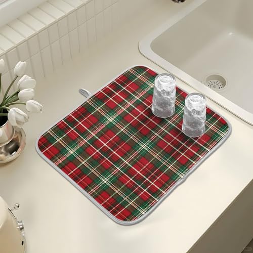 Christmas Red Green Buffalo Checkered Dish Drying Mat for Kitchen Counter Absorbent Microfiber Small Drying Pad Dish Mats for Kitchen Countertops 16 x 18 Inch