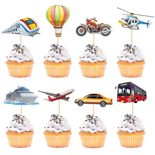 24Pcs Printed Transportation Cupcake Toppers Train Hot Air Balloon Motorcycle Bus Boat Airplane Cupcake Picks for Transportation Theme Baby Shower Boys Girls Birthday Party Decorations
