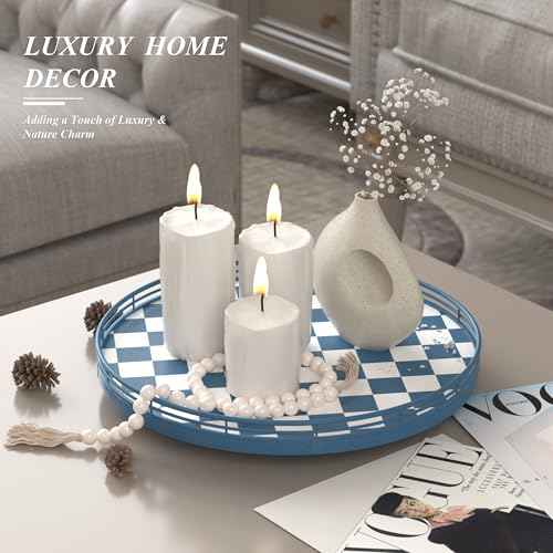 Blue and White Checkerboard Lazy Susan with Rubberwood Base and Metal Rail